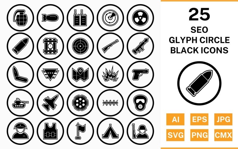 Download Набор иконок "25 Military Circle Glyph Outline Black Icon Set" / 25 Military Circle Glyph Outline Black Icon Set - Набор иконок на тему military set,file,icon,icons,circle,vector,sign,symbol,pictogram,glyph,outline,black,military,bullet,target,grenade,jet,tent,gun,blast