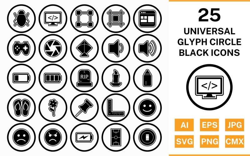 Download Набор иконок "25 Universal Circle Glyph Outline Black Icon Set" / 25 Universal Circle Glyph Outline Black Icon Set - Набор иконок на тему data set,file,icon,icons,circle,vector,sign,symbol,pictogram,glyph,outline,black,universal,flower,kite,bug,shutter,layout,candle,grave