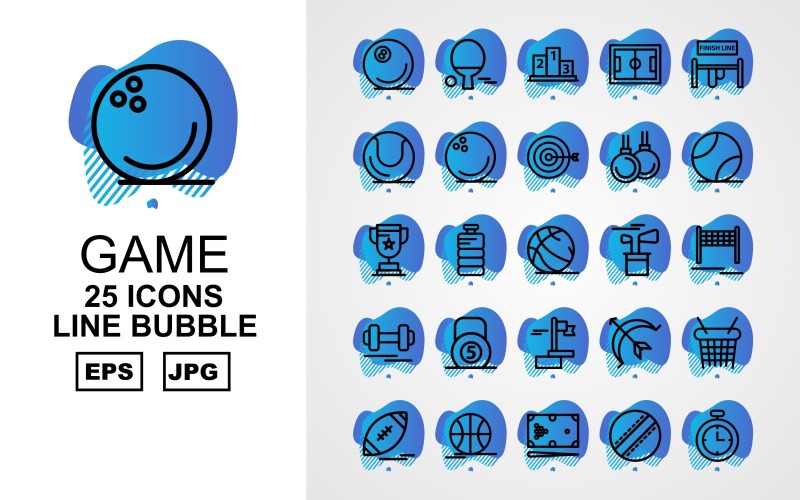 Conjunto de ícones de pacote de bolhas de 25 linhas de jogos premium