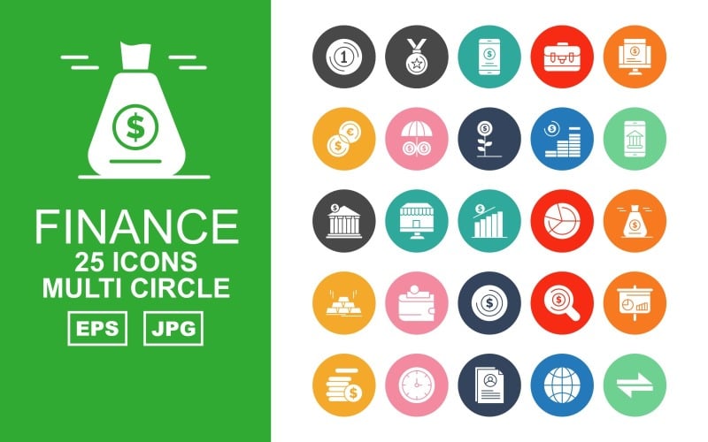 25 Conjunto de ícones do pacote Premium Finance Multi Circle