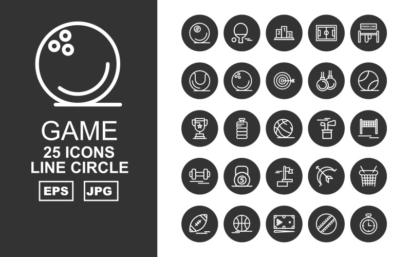 Ensemble d'icônes de pack de cercle de 25 lignes de jeu Premium