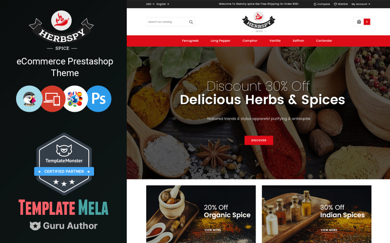 Herbspy - Tema da PrestaShop da loja de especiarias e alimentos