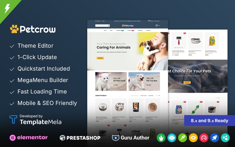 Petcrow - Адаптивна тема PrestaShop для інтернет-магазину домашніх тварин