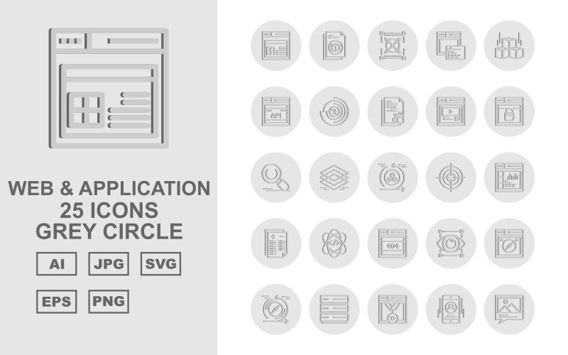 25 премиальных веб-приложений и веб-приложений с серым кругом, набор иконок