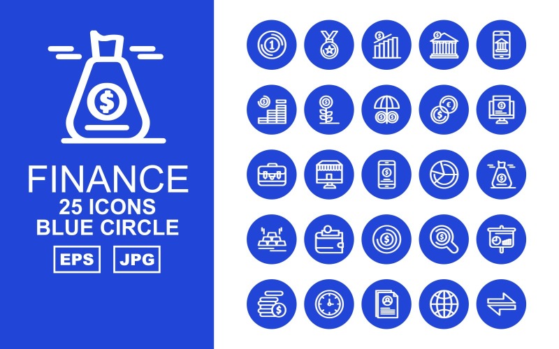 Download Набор иконок "25 Premium Finance Blue Circle Pack Icon Set" / 25 Premium Finance Blue Circle Pack Icon Set - Набор иконок на тему финансы business,shop,search,analytics,coin,clock,profile,earth,direction,award,bank,smartphone,plant,umbrella,sack,brick gold,wallet,icon,icons