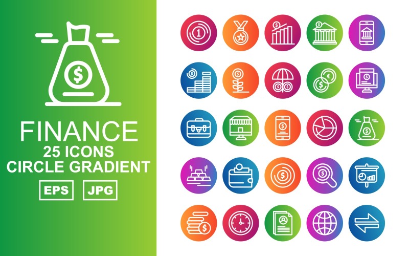 Download Набор иконок "25 Premium Finance Circle Gradient Pack Icon Set" / 25 Premium Finance Circle Gradient Pack Icon Set - Набор иконок на тему финансы business,shop,search,analytics,coin,clock,profile,earth,direction,award,bank,smartphone,plant,umbrella,sack,brick gold,wallet,icon,icons