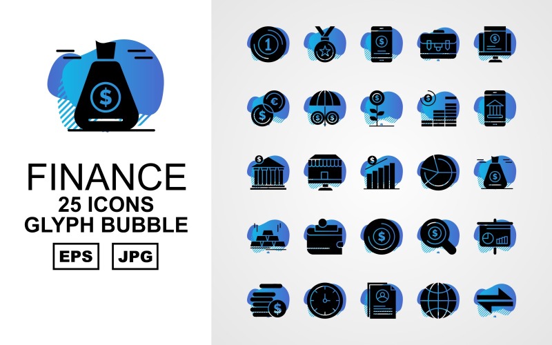 Download Набор иконок "25 Premium Finance Glyph Bubble Pack Icon Set" / 25 Premium Finance Glyph Bubble Pack Icon Set - Набор иконок на тему финансы business,shop,search,analytics,coin,clock,profile,earth,direction,award,bank,smartphone,plant,umbrella,sack,brick gold,wallet,icon,icons