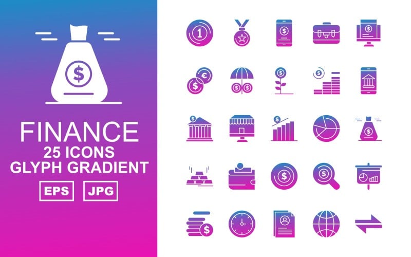 Download Набор иконок "25 Premium Finance Glyph Gradient Pack Icon Set" / 25 Premium Finance Glyph Gradient Pack Icon Set - Набор иконок на тему финансы business,shop,search,analytics,coin,clock,profile,earth,direction,award,bank,smartphone,plant,umbrella,sack,brick gold,wallet,icon,icons