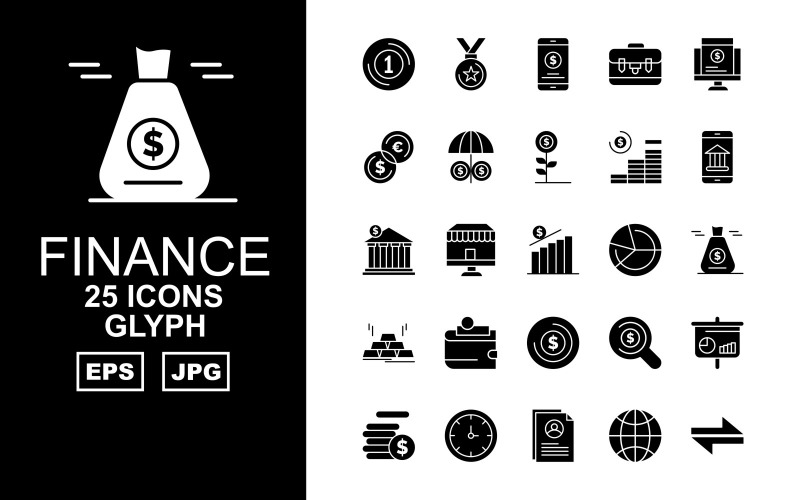 Download Набор иконок "25 Premium Finance Glyph Pack Icon Set" / 25 Premium Finance Glyph Pack Icon Set - Набор иконок на тему финансы business,shop,search,analytics,coin,clock,profile,earth,direction,award,bank,smartphone,plant,umbrella,sack,brick gold,wallet,icon,icons