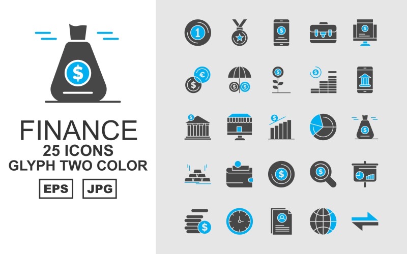 25 Premium Finance Glyph Two Color Pack Ikonuppsättning
