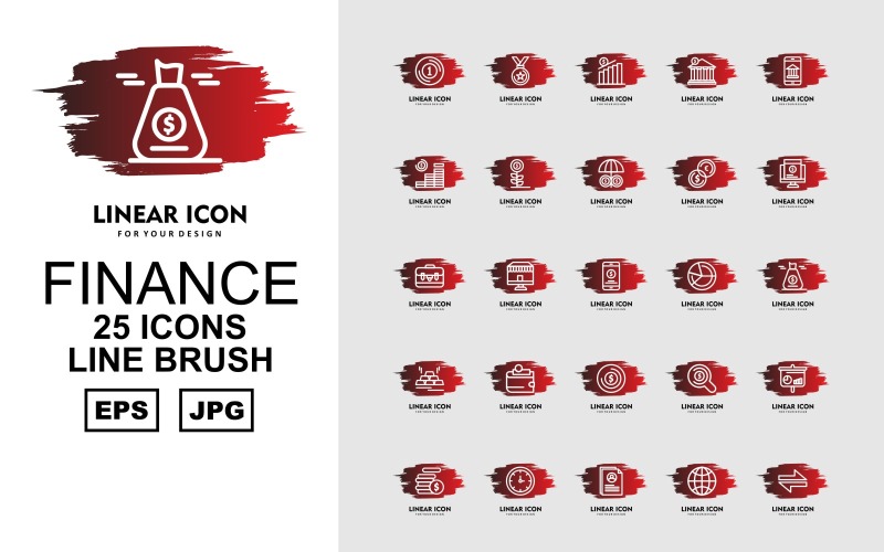 Download Набор иконок "25 Premium Finance Line Brush Pack Icon Set" / 25 Premium Finance Line Brush Pack Icon Set - Набор иконок на тему финансы business,shop,search,analytics,coin,clock,profile,earth,direction,award,bank,smartphone,plant,umbrella,sack,brick gold,wallet,icon,icons