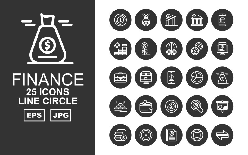 Download Набор иконок "25 Premium Finance Line Circle Pack Icon Set" / 25 Premium Finance Line Circle Pack Icon Set - Набор иконок на тему финансы business,shop,search,analytics,coin,clock,profile,earth,direction,award,bank,smartphone,plant,umbrella,sack,brick gold,wallet,icon,icons