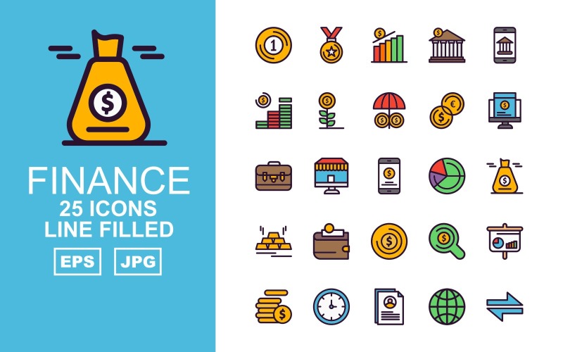 Download Набор иконок "25 Premium Finance Line Filled Pack Icon Set" / 25 Premium Finance Line Filled Pack Icon Set - Набор иконок на тему финансы business,shop,search,analytics,coin,clock,profile,earth,direction,award,bank,smartphone,plant,umbrella,sack,brick gold,wallet,icon,icons