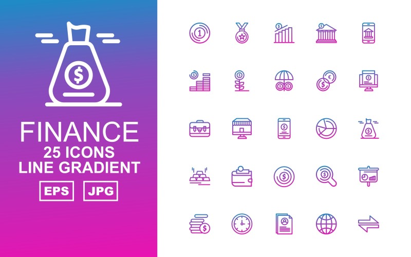 25 Premium Finance Line Gradient Pack Icon Set