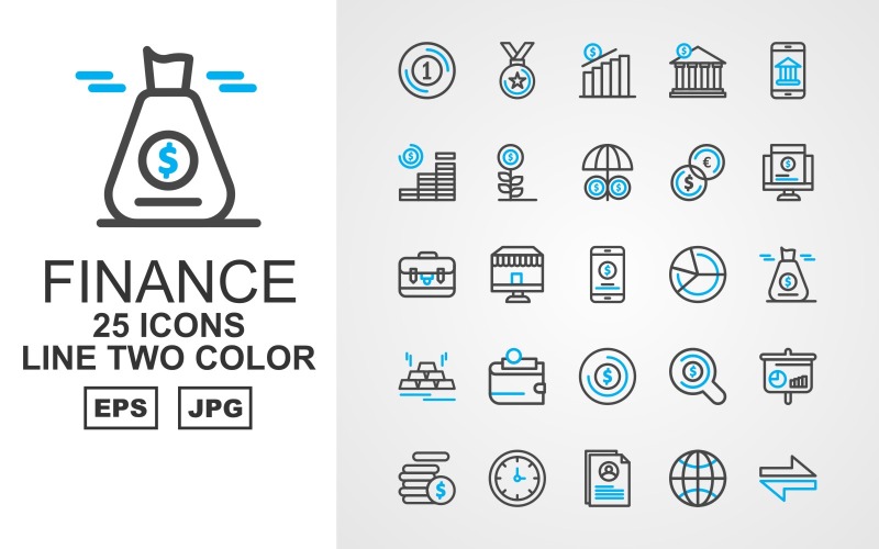 Download Набор иконок "25 Premium Finance Line Two Color Pack Icon Set" / 25 Premium Finance Line Two Color Pack Icon Set - Набор иконок на тему финансы business,shop,search,analytics,coin,clock,profile,earth,direction,award,bank,smartphone,plant,umbrella,sack,brick gold,wallet,icon,icons