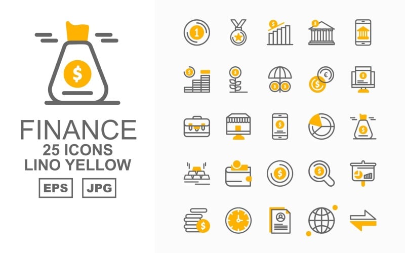 Download Набор иконок "25 Premium Finance Lino Yellow Pack Icon Set" / 25 Premium Finance Lino Yellow Pack Icon Set - Набор иконок на тему финансы business,shop,search,analytics,coin,clock,profile,earth,direction,award,bank,smartphone,plant,umbrella,sack,brick gold,wallet,icon,icons