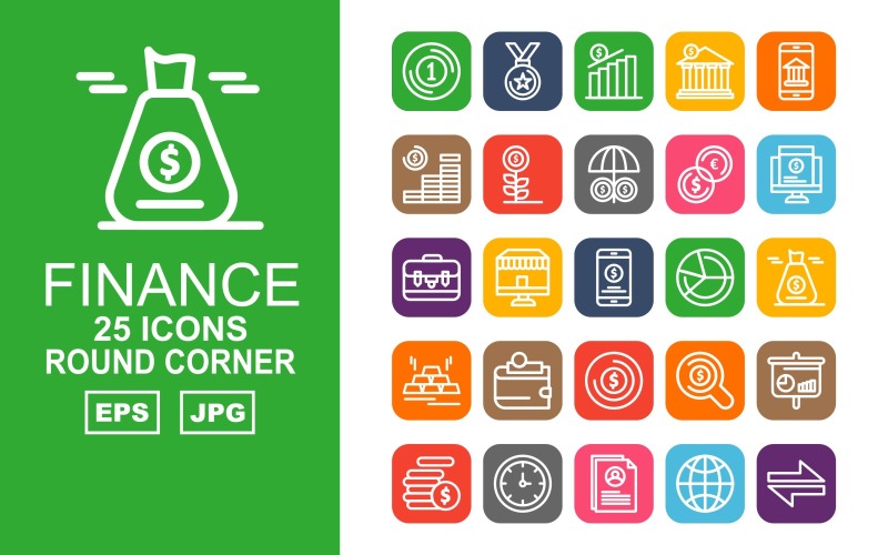 Download Набор иконок "25 Premium Finance Round Corner Pack Icon Set" / 25 Premium Finance Round Corner Pack Icon Set - Набор иконок на тему финансы business,shop,search,analytics,coin,clock,profile,earth,direction,award,bank,smartphone,plant,umbrella,sack,brick gold,wallet,icon,icons