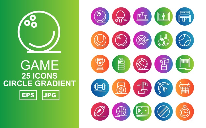 Download Набор иконок "25 Premium Game Circle Gradient Pack Icon Set" / 25 Premium Game Circle Gradient Pack Icon Set - Набор иконок на тему game ball,bottle,archery,basketball,rugby,football,billiards,ball cricket,stopwatch,table tennis,ranking,football ground,finish line,bowling,weightlifting,dumbbell,flag,icon,icons