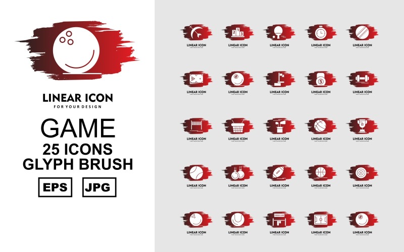 Download Набор иконок "25 Premium Game Glyph Brush Pack Icon Set" / 25 Premium Game Glyph Brush Pack Icon Set - Набор иконок на тему game ball,bottle,archery,basketball,rugby,football,billiards,ball cricket,stopwatch,table tennis,ranking,football ground,finish line,bowling,weightlifting,dumbbell,flag,icon,icons