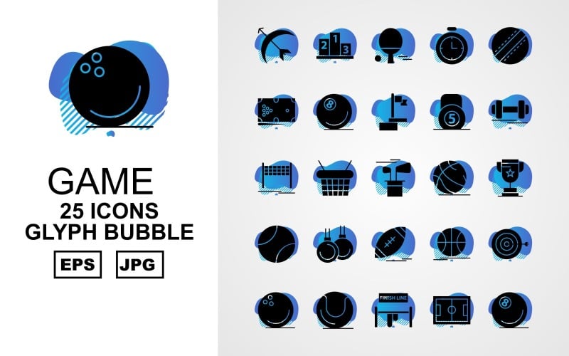 Download Набор иконок "25 Premium Game Glyph Bubble Pack Icon Set" / 25 Premium Game Glyph Bubble Pack Icon Set - Набор иконок на тему game ball,bottle,archery,basketball,rugby,football,billiards,ball cricket,stopwatch,table tennis,ranking,football ground,finish line,bowling,weightlifting,dumbbell,flag,icon,icons