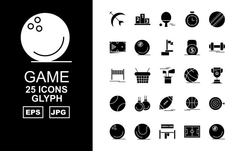 Download Набор иконок "25 Premium Game Glyph Pack Icon Set" / 25 Premium Game Glyph Pack Icon Set - Набор иконок на тему game ball,bottle,archery,basketball,rugby,football,billiards,ball cricket,stopwatch,table tennis,ranking,football ground,finish line,bowling,weightlifting,dumbbell,flag,icon,icons