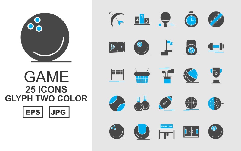 Download Набор иконок "25 Premium Game Glyph Two Color Pack Icon Set" / 25 Premium Game Glyph Two Color Pack Icon Set - Набор иконок на тему game ball,bottle,archery,basketball,rugby,football,billiards,ball cricket,stopwatch,table tennis,ranking,football ground,finish line,bowling,weightlifting,dumbbell,flag,icon,icons
