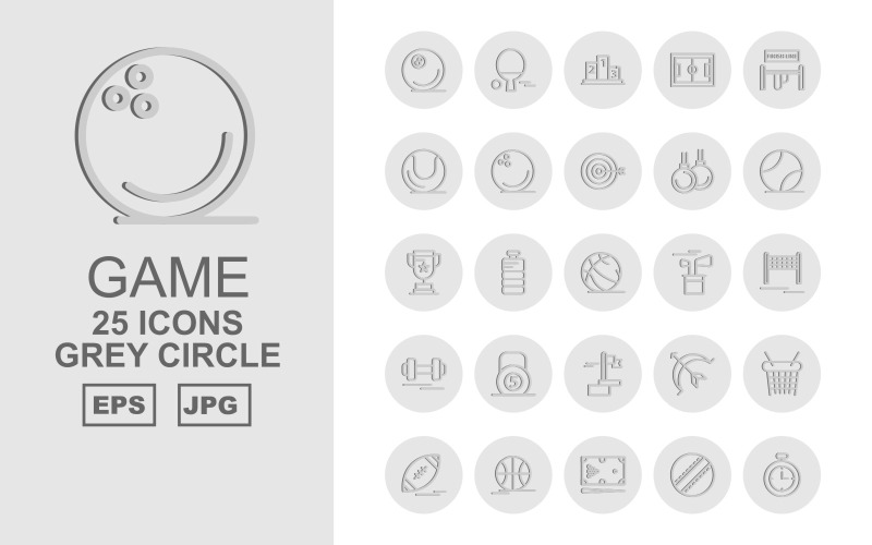 Download Набор иконок "25 Premium Game Grey Circle Pack Icon Set" / 25 Premium Game Grey Circle Pack Icon Set - Набор иконок на тему game ball,bottle,archery,basketball,rugby,football,billiards,ball cricket,stopwatch,table tennis,ranking,football ground,finish line,bowling,weightlifting,dumbbell,flag,icon,icons