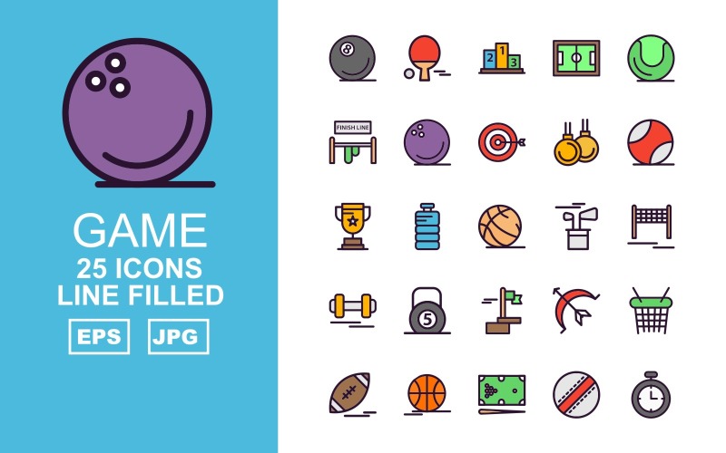 Download Набор иконок "25 Premium Game Line Filled Pack Icon Set" / 25 Premium Game Line Filled Pack Icon Set - Набор иконок на тему game ball,bottle,archery,basketball,rugby,football,billiards,ball cricket,stopwatch,table tennis,ranking,football ground,finish line,bowling,weightlifting,dumbbell,flag,icon,icons