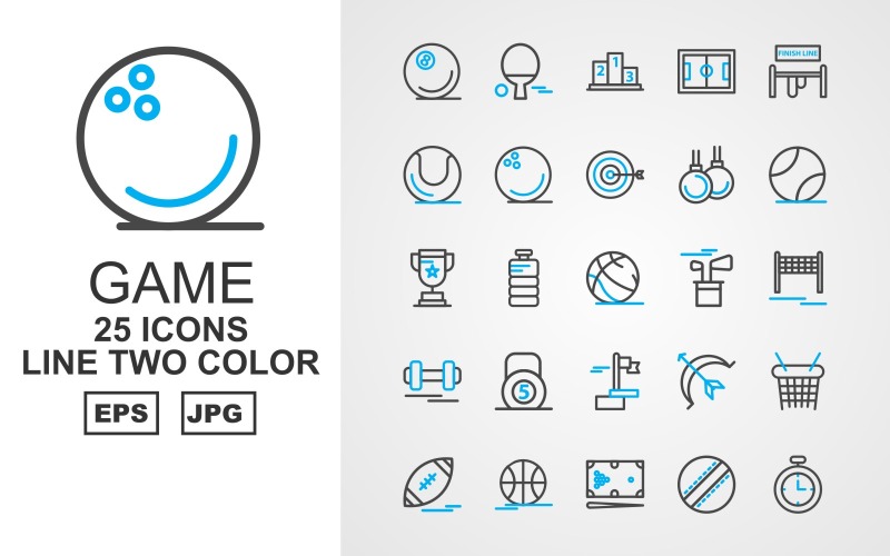 Download Набор иконок "25 Premium Game Line Two Color Pack Icon Set" / 25 Premium Game Line Two Color Pack Icon Set - Набор иконок на тему game ball,bottle,archery,basketball,rugby,football,billiards,ball cricket,stopwatch,table tennis,ranking,football ground,finish line,bowling,weightlifting,dumbbell,flag,icon,icons