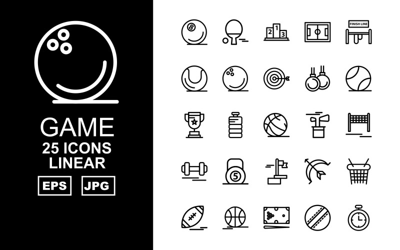 Download Набор иконок "25 Premium Game Linear Pack Icon Set" / 25 Premium Game Linear Pack Icon Set - Набор иконок на тему game ball,bottle,archery,basketball,rugby,football,billiards,ball cricket,stopwatch,table tennis,ranking,football ground,finish line,bowling,weightlifting,dumbbell,flag,icon,icons