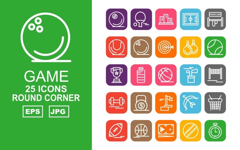 Download Набор иконок "25 Premium Game Round Corner Pack Icon Set" / 25 Premium Game Round Corner Pack Icon Set - Набор иконок на тему game ball,bottle,archery,basketball,rugby,football,billiards,ball cricket,stopwatch,table tennis,ranking,football ground,finish line,bowling,weightlifting,dumbbell,flag,icon,icons