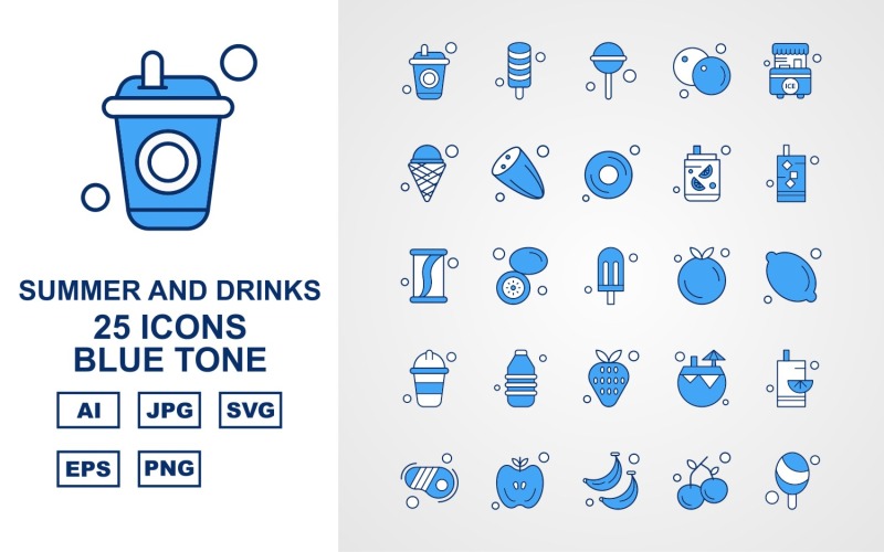 Download Набор иконок "25 Premium Summer And Drinks Blue Tone Pack Icon Set" / 25 Premium Summer And Drinks Blue Tone Pack Icon Set - Набор иконок на тему food drink,lemon,coconut water,steak,apple,banana,cherry,ice cream,candy,orange,stall,cucumber,donut,icon,icons