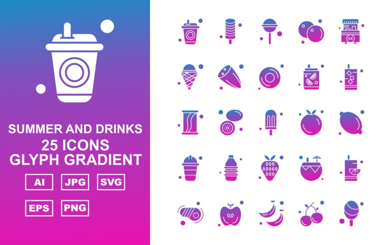 Download Набор иконок "25 Premium Summer And Drinks Glyph Gradient Pack Icon Set" / 25 Premium Summer And Drinks Glyph Gradient Pack Icon Set - Набор иконок на тему food drink,lemon,coconut water,steak,apple,banana,cherry,ice cream,candy,orange,stall,cucumber,donut,icon,icons