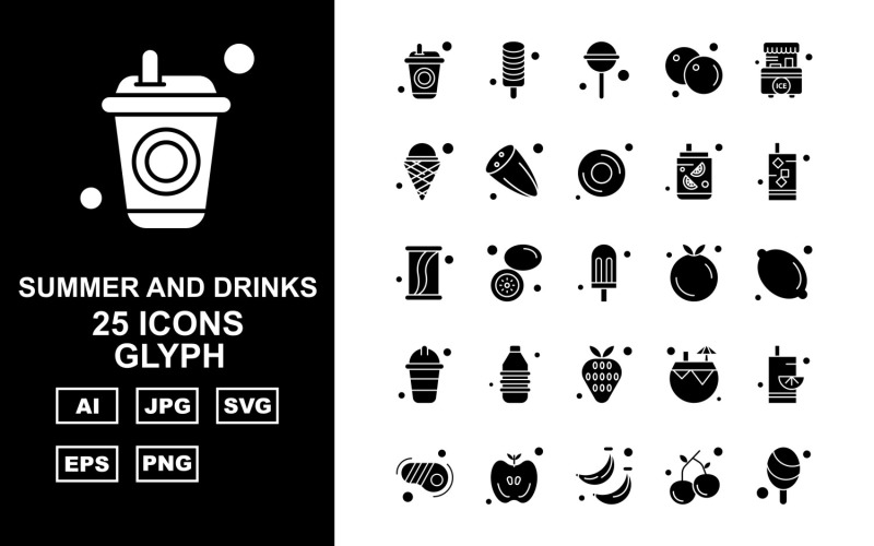 Download Набор иконок "25 Premium Summer And Drinks Glyph Pack Icon Set" / 25 Premium Summer And Drinks Glyph Pack Icon Set - Набор иконок на тему food drink,lemon,coconut water,steak,apple,banana,cherry,ice cream,candy,orange,stall,cucumber,donut,icon,icons