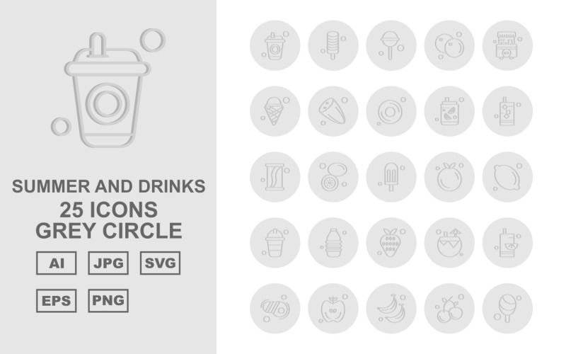 Download Набор иконок "25 Premium Summer And Drinks Grey Circle Pack Icon Set" / 25 Premium Summer And Drinks Grey Circle Pack Icon Set - Набор иконок на тему food drink,lemon,coconut water,steak,apple,banana,cherry,ice cream,candy,orange,stall,cucumber,donut,icon,icons