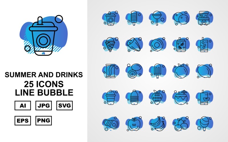 Download Набор иконок "25 Premium Summer And Drinks Line Bubble Pack Icon Set" / 25 Premium Summer And Drinks Line Bubble Pack Icon Set - Набор иконок на тему food drink,lemon,coconut water,steak,apple,banana,cherry,ice cream,candy,orange,stall,cucumber,donut,icon,icons