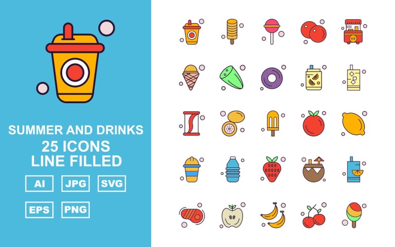 Download Набор иконок "25 Premium Summer And Drinks Line Filled Pack Icon Set" / 25 Premium Summer And Drinks Line Filled Pack Icon Set - Набор иконок на тему food drink,lemon,coconut water,steak,apple,banana,cherry,ice cream,candy,orange,stall,cucumber,donut,icon,icons