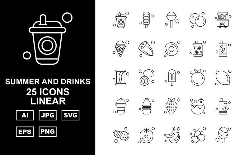 Download Набор иконок "25 Premium Summer And Drinks Linear Pack Icon Set" / 25 Premium Summer And Drinks Linear Pack Icon Set - Набор иконок на тему food drink,lemon,coconut water,steak,apple,banana,cherry,ice cream,candy,orange,stall,cucumber,donut,icon,icons