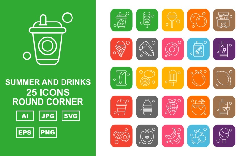 Download Набор иконок "25 Premium Summer And Drinks Round Corner Pack Icon Set" / 25 Premium Summer And Drinks Round Corner Pack Icon Set - Набор иконок на тему food drink,lemon,coconut water,steak,apple,banana,cherry,ice cream,candy,orange,stall,cucumber,donut,icon,icons