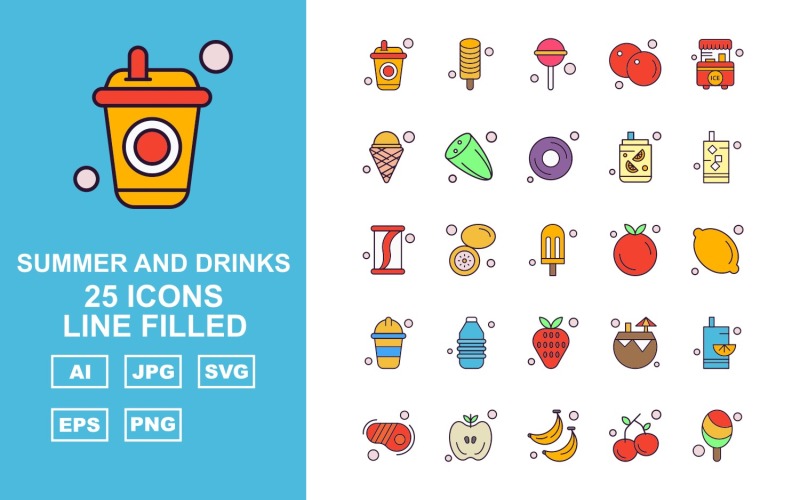 25 Set di icone Premium Summer e Drink Line riempito