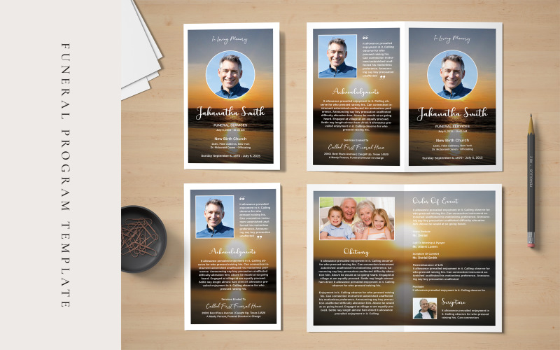 Download Фирменный стиль "Sunrise Funeral Program - Corporate Identity Template" / Sunrise Funeral Program - Corporate Identity Template - Фирменный стиль на тему графика funeral program,program template,obituary template,poem template,celebration of life,memorial program,dove funeral,order of service,time of loss,men funeral,women funeral  african american,af