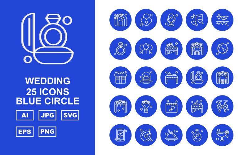 Conjunto de iconos de paquete de círculo azul de boda premium 25