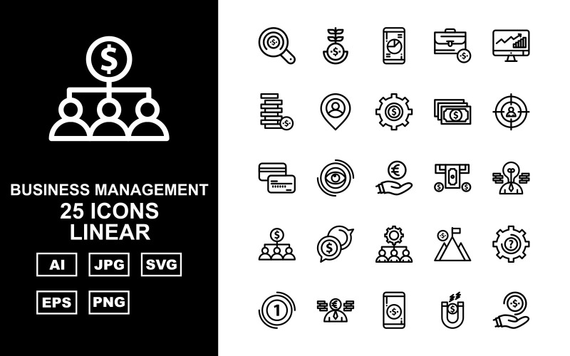 25 Conjunto de iconos de paquete lineal de gestión empresarial premium