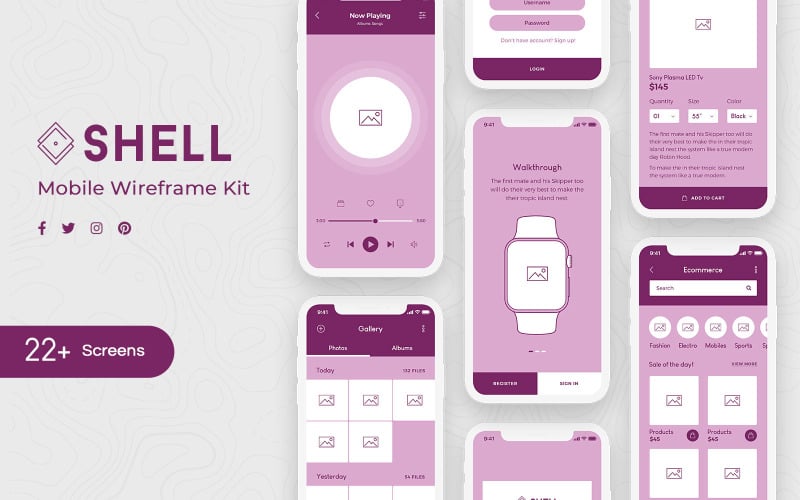 Éléments de l'interface utilisateur du kit Shell Mobile Wireframe