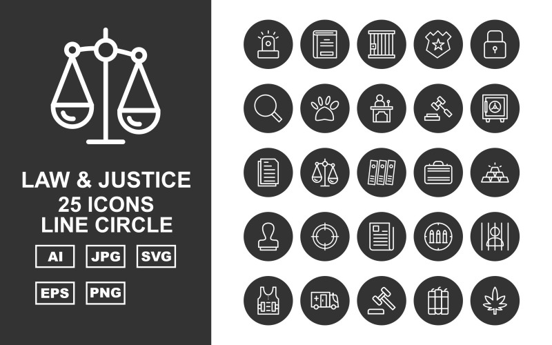 25 Ensemble d'icônes Premium Law And Justice Line Circle Pack