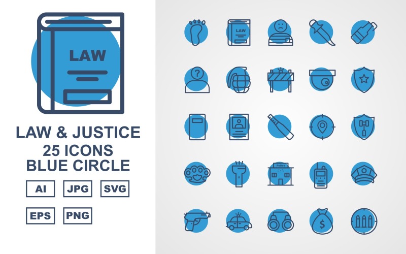 Набор иконок 25 премиум права и правосудия синий круг