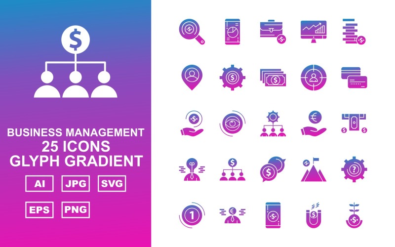 25 премиальных наборов иконок для управления бизнесом Glyph Gradient Pack