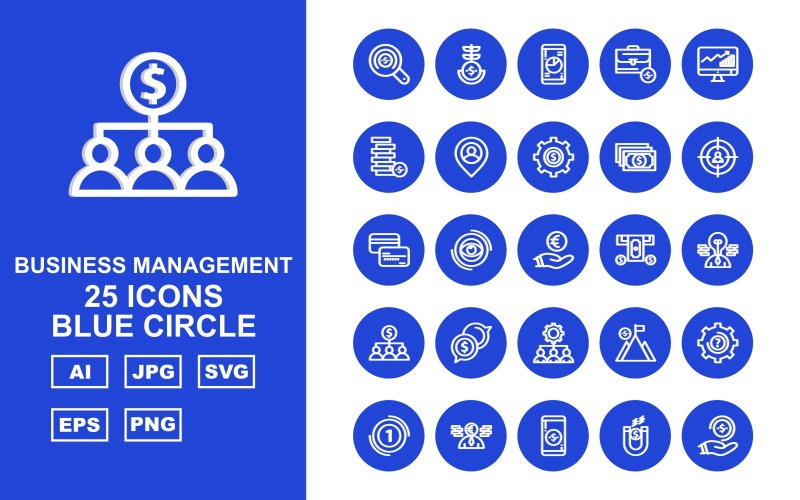 25 Premium Business Management Blue Circle Pack Ikonuppsättning