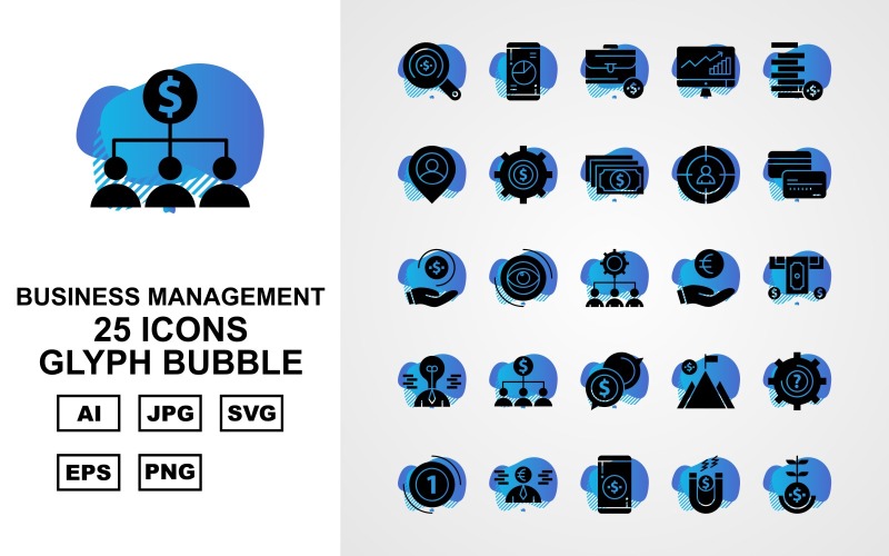 Download Набор иконок "25 Premium Business Management Glyph Bubble Pack Icon Set" / 25 Premium Business Management Glyph Bubble Pack Icon Set - Набор иконок на тему business find,eye,mountain,setting,business,creative man,mobile,magnet,saving,plant,suitcase,led,coin,location,dollar,target,atm card,atm machine,network,icon