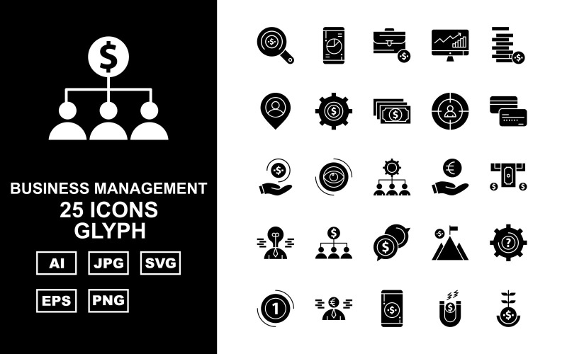 Download Набор иконок "25 Premium Business Management Glyph Pack Icon Set" / 25 Premium Business Management Glyph Pack Icon Set - Набор иконок на тему business find,eye,mountain,setting,business,creative man,mobile,magnet,saving,plant,suitcase,led,coin,location,dollar,target,atm card,atm machine,network,icon